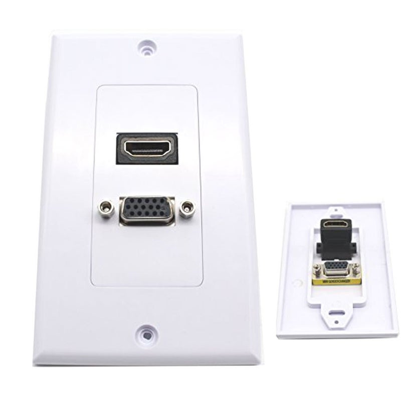 Poyiccot VGA Wall Plates, 1 Port HDMI Female + 1 Port VGA 15P Female AV Wall Outlet Video Socket Face Connector Plate White ABS (1HDMI+1VGA) - Image 1